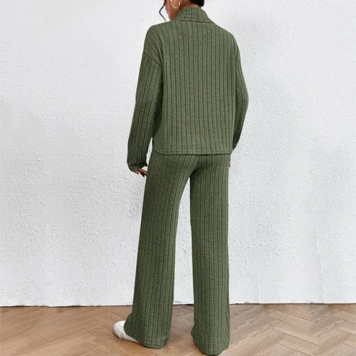 Vista 4 de Conjunto de 2 piezas de suéter de punto trenzado y pantalones deportivos de pierna ancha para mujer