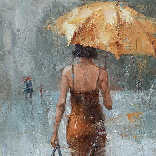 Vista 3 de Lienzo de pared con paraguas de niña con vestido caqui caminando en la calle lluvia pintura arte moderno lienzo abstracto obra de arte