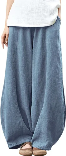 Vista 19 de Pantalones de lino y algodón holgados para mujer, con cintura elástica para relajarse. Pantalones estilo harén Verde militar