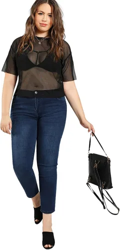 Vista 3 de Floerns Blusa de manga corta para mujer talla grande de malla transparente