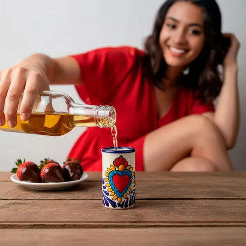 Vista 4 de Juego de 4 vasos de chupito Talavera auténticos mexicanos para tequila - Pintados a mano - 2 Oz (Corazón Azul)