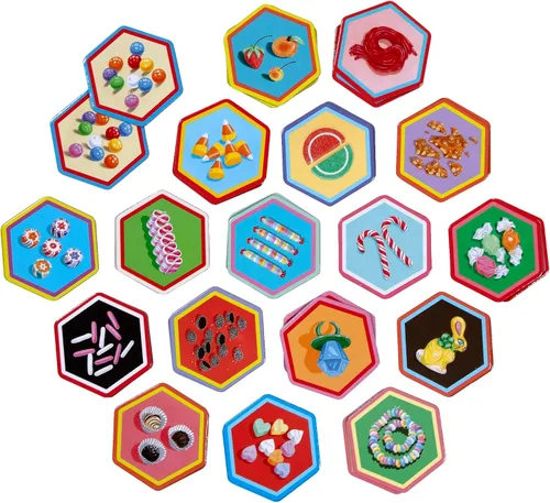 Vista 3 de eeBoo: Juego de memoria y combinación: caramelos, 18 pares ilustrados en forma de hexágono, temática de dulces, juego de azulejos de concentración