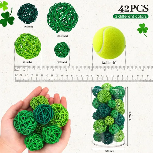 Vista 2 de FUTUREPLUSX 42 bolas de mimbre de ratán, bolas decorativas verdes, orbes y jarrones, rellenos de cuencos para primavera, día de San Patricio