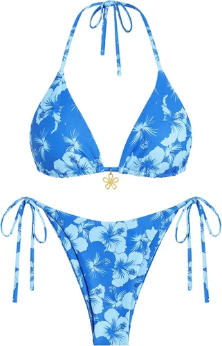 Vista 20 de ZAFUL Bikinis triangulares estampados para mujer, 2 piezas, bikini halter, traje de baño de corte alto, traje de baño con lazo lateral 0-negro a