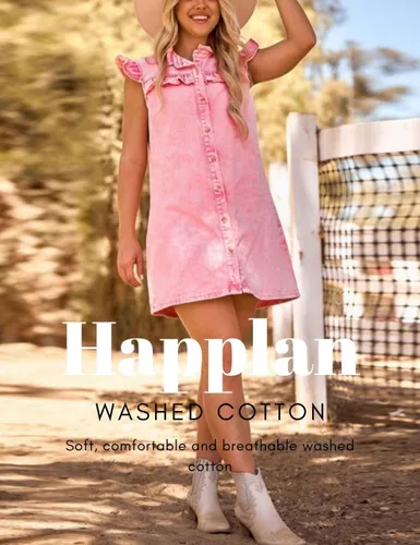 Vista 5 de happlan Vestido de mezclilla con botones y cuello de loto desgastado para mujer