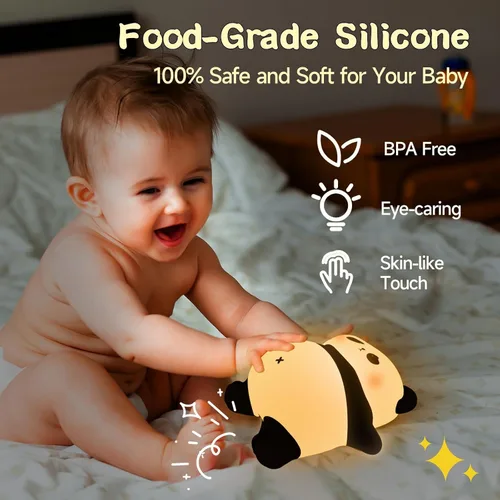 Vista 5 de Linda luz nocturna recargable de panda, luz nocturna para guardería con 3 niveles de atenuación y temporizador, luz nocturna de silicona de lindo