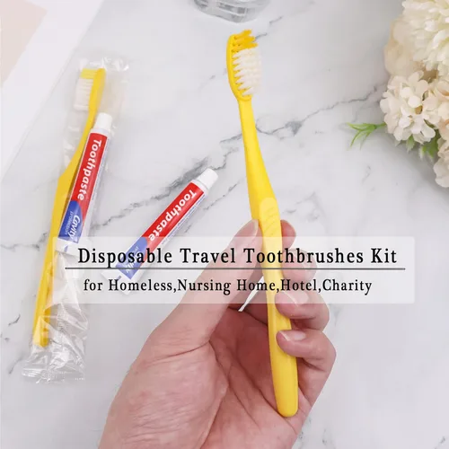 Vista 6 de Cepillos de dientes desechables con pasta de dientes, amarillo hueco, paquete de 20 Toothbrush with 10g Toothpaste Individually Wrapped Disposable