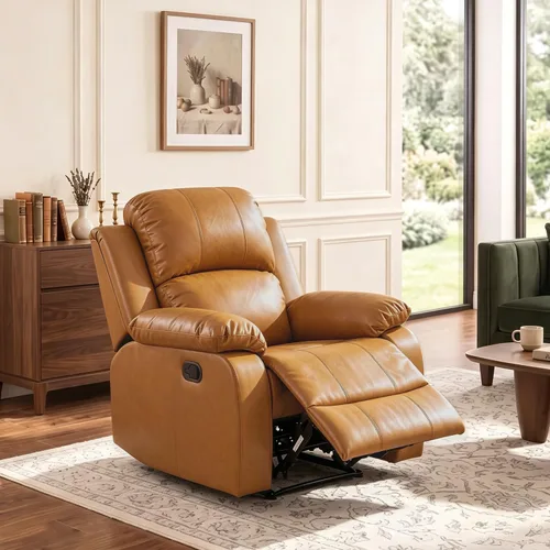 Vista 31 de Silla reclinable de cuero para conjunto de muebles de sala, sofá reclinable de cuero beige para espacios pequeños/RV, sillón individual