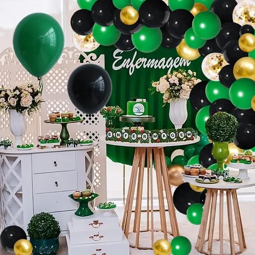 Vista 5 de Arco de guirnalda de globos de color verde oscuro, negro y dorado, globos verde esmeralda, globos de confeti dorado metálico, globos de fútbol