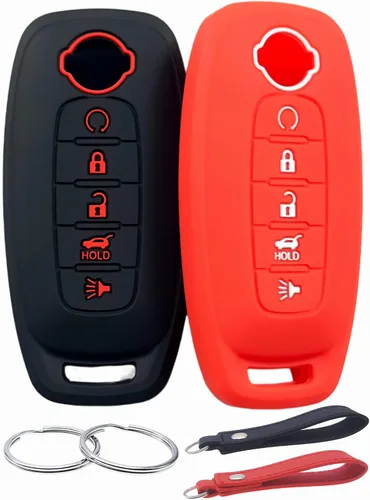 Vista 8 de REPROTECTING Funda de goma de silicona para llavero compatible con Nissan Pathfinder Rogue (5 botones, rosa rosa)