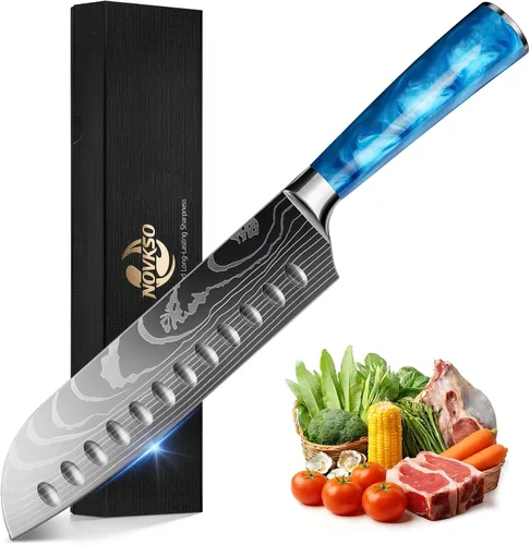 Vista 9 de Cuchillo Santoku de 7 pulgadas, diseño bonito, acero de alto carbono Negro