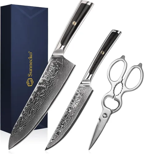 Vista 10 de Sunnecko Juego de Cuchillos de Cocina Damascus de 3 Piezas, Juego de Cuchillos de Chef Afilados Juegos de Cuchillos de Cocina Profesionales Full