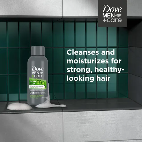 Vista 4 de DOVE MEN + CARE Champú y acondicionador fortificante 2 en 1 fresco y limpio con cafeína para cabello normal a graso ayuda a fortalecer