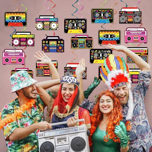 Vista 5 de 60 espirales colgantes retro Boombox de los años 80 y 90 para fiesta, decoración colgante de cassette, cinta de casete, serpentinas de techo