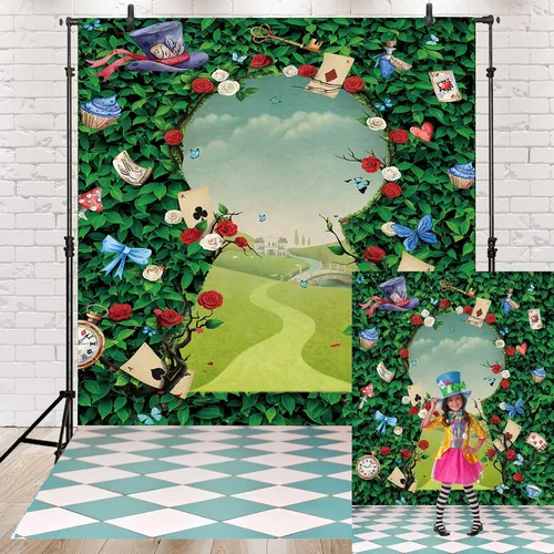 Vista 4 de Fondo para fotografía de fiesta de té de rosas, hojas verdes, sombrero mágico, decoración de tablero de ajedrez, princesa, niñas, cumpleaños