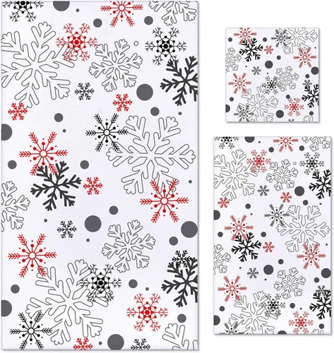 Vista 23 de Preboun Juego de 3 toallas de baño navideñas de gnomo, toallas de mano con árbol de Navidad, toallas de baño con copos de nieve de invierno, toallas