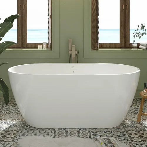 Vista 36 de FerdY Bañera independiente de acrílico Bali de 47 pulgadas, bañera independiente con forma elegante, certificado cUPC, drenaje dorado cepillado