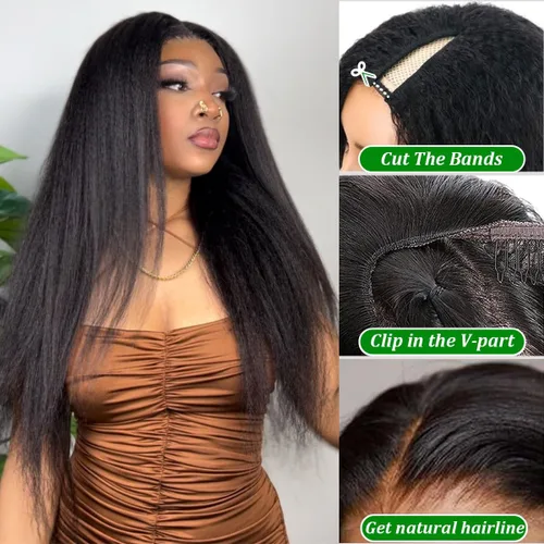 Vista 2 de Forevermore Yaki - Peluca de cabello humano lacio con parte en V, para mujeres negras, 12 pulgadas, sin pegamento, parte en U, con clips, sin dejar