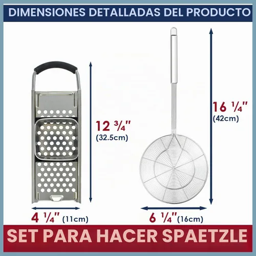 Vista 6 de Spaetzle Maker de acero inoxidable de alta calidad con mango de agarre cómodo, colador de araña de acero inoxidable, cuchara espumadora, colador