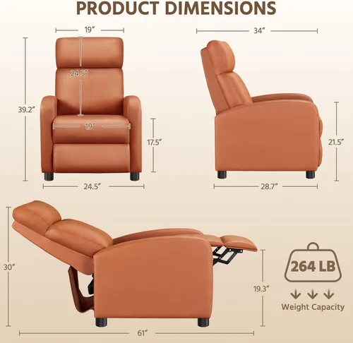 Vista 3 de Yaheetech Asiento de cine en casa, silla reclinable de piel sintética, moderna para sala de estar, sofá reclinable con bolsillo, color marrón