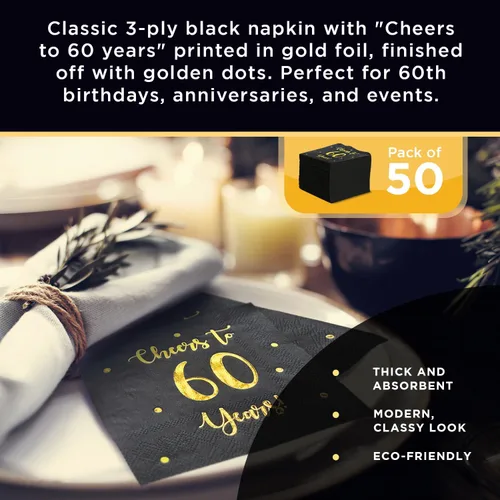 Vista 6 de Servilletas de cóctel de Cheers to 60 años, decoraciones de feliz cumpleaños 60 para hombres y mujeres, decoraciones de fiesta de aniversario