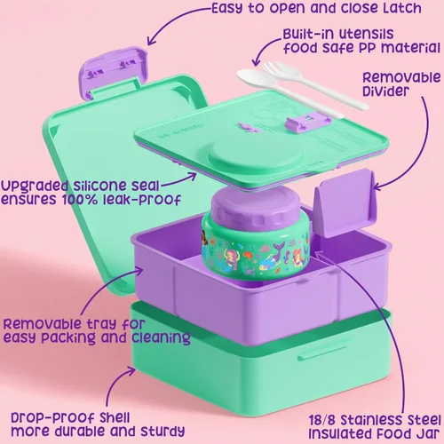 Vista 4 de Fimibuke Caja Bento para niños y adultos – Juego de lonchera Bento de 3 a 4 compartimentos a prueba de fugas con tarro de comida aislado, botella