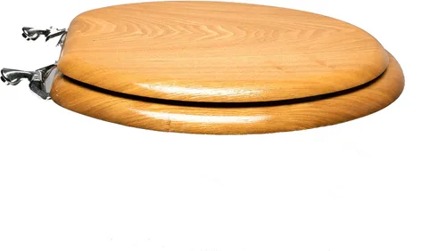 Vista 3 de 5Q1R4-17CH - Asiento de inodoro de madera natural con acabado decorativo, bisagra de poste único de madera y metal, redondo, roble claro con cromo