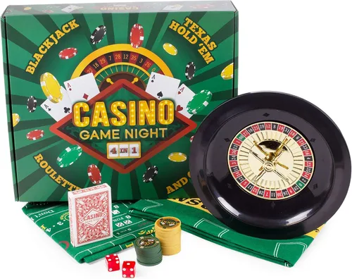 Vista 7 de Brybelly Casino Night - Juego completo 4 en 1 con fieltros, rueda, 100 fichas, dados y cartas para blackjack, craps, ruleta y Texas Hold'em - Tapete
