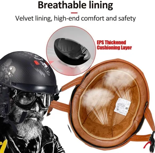 Vista 4 de Casco Moto Retro ABS Ligero 22.93 oz DOT Homologado - Medio Casco Jet para Hombre y Mujer con Doble Ventilación, Forro Desmontable y Hebilla Rápida