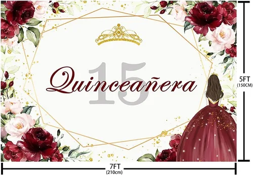 Vista 5 de Telón de fondo de feliz cumpleaños número 15 de 7 x 5 pies para niña, quinceañera, fondo de flores rojas burdeos, corona dorada, decoración