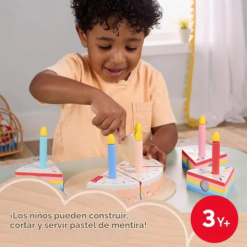 Vista 3 de Fisher-Price Conjunto de Pastel de Juguete de Madera de Juego de Simulación, 14 Piezas de Comida de Madera para Decorar y Servir para Juego de Niños