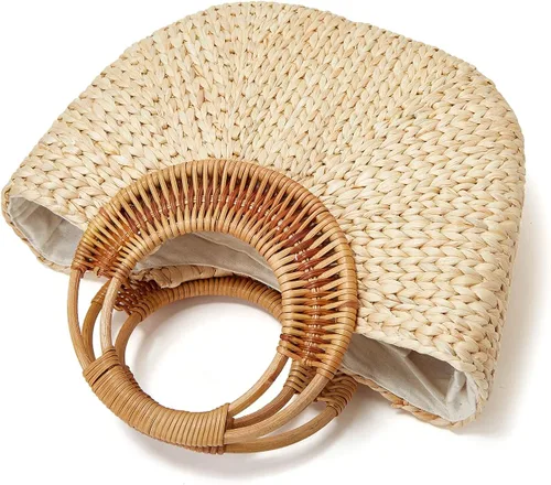 Vista 5 de Bolso de mano para mujer y niña, bolso de mano de paja tejido de moda, bolso de hombro, bolso de playa, bolso de luna, bolso de cubo de verano 2023