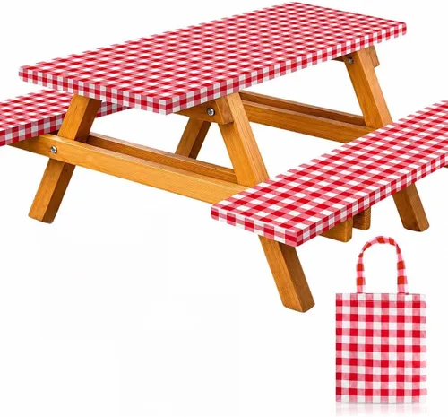 Vista 9 de RNOONY Cubierta de Mesa de Picnic de Vinilo Ajustable con Fundas de Banco y Bolsa, Mantel de 6 pies para Exteriores Impermeable y Resistente al