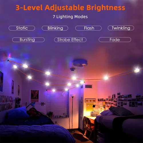 Vista 5 de Tira de luces para interiores y exteriores con cargador de panel solar, impermeable, recargable, 17 luces LED, desmontables de 30 pies de largo, 7