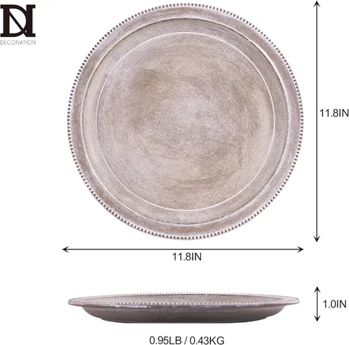 Vista 3 de Bandeja rústica de mesa auxiliar para decoración del hogar, bandeja decorativa redonda de madera comprimida en polvo, bandejas de bordes de madera