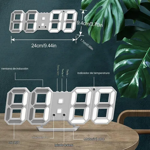 Vista 4 de Reloj despertador de pared digital LED 3D, 9.5 pulgadas, 3 brillos de 12/24 horas, color blanco