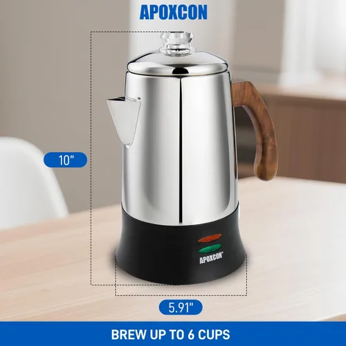 Vista 2 de APOXCON Percolador de Café Eléctrico Cafetera de Acero Inoxidable con Perilla de Vidrio Resistente Transparente para Ver el Progreso