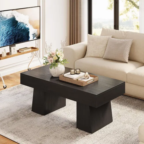 Vista 3 de LITTLE TREE - Mesa de café de granja, mesas de centro rectangulares de madera de 47 pulgadas con base gruesa, muebles modernos de cóctel y té