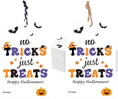 Vista 8 de jijAcraft Etiquetas de Halloween con cuerda, 50 etiquetas de regalo de papel de feliz Halloween, 3.3 x 2.1 pulgadas, diseño de fantasma rosa, un