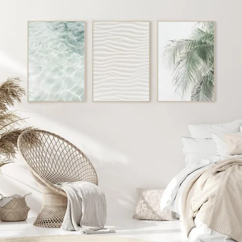 Vista 4 de Lienzo decorativo para pared, 3 piezas, diseño de palmera oceánica, cuadros costeros verde salvia, ilustraciones enmarcadas para decoración de playa