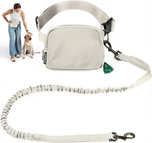 Vista 11 de Correa de perro manos libres con bolsa de golosinas para perros, correa de cintura elegante y moderna para pasear al perro, para llevar en la Negro