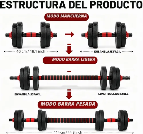 Vista 2 de Juego de mancuernas ajustables, juego de pesas libres de 5 a 44 libras con conector para mancuernas, opciones de flexión, ejercicios de fitness