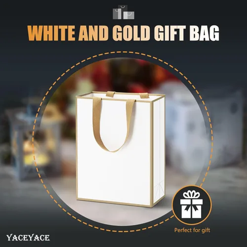 Vista 2 de Bolsas de regalo blancas con marco dorado, 20 unidades, 8 x 4.25 x 10.5 pulgadas, medianas y blancas y doradas, elegantes bolsas de regalo de lujo