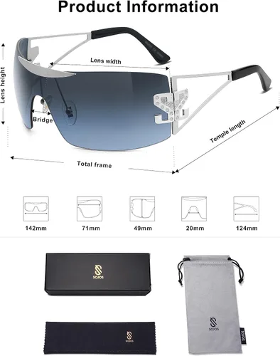 Vista 5 de SOJOS Gafas de sol Y2K sin montura envolventes para mujeres y hombres, gafas de sol futuristas sin marco SJ1198