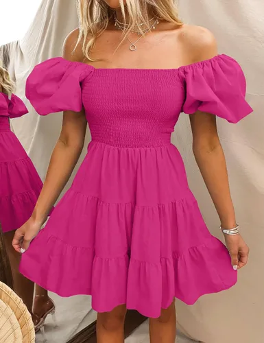 Vista 2 de ZESICA Vestido corto bohemio de verano para mujer, con cuello cuadrado, manga abombada, hombros descubiertos, fruncido, escalonado, casual