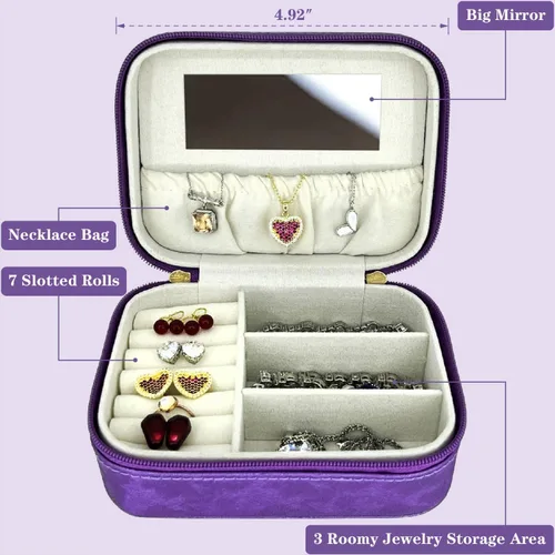 Vista 2 de Organizador de joyas de viaje, regalo para mujeres y niñas, caja de joyería de viaje grande portátil, estuche de joyería de viaje morado