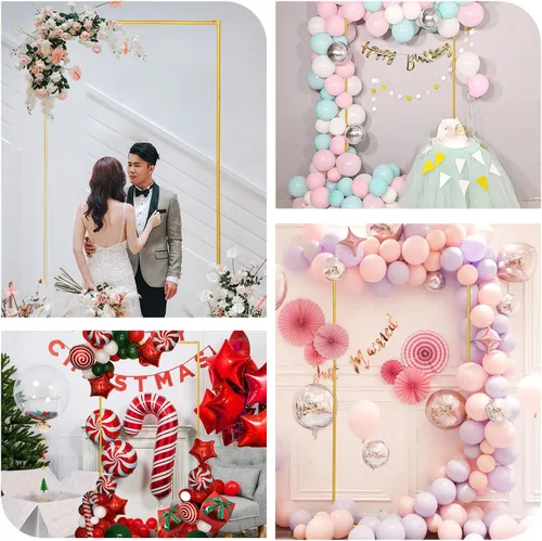 Vista 8 de Soporte de fondo de arco de boda dorado, globo cuadrado de 6.6 x 3.3 pies y marco de metal de flores para ceremonia, aniversario, fiesta, decoración