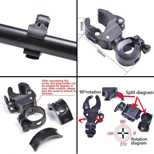 Vista 7 de Soporte de montaje de linterna de bicicleta, soporte de luz ajustable de rotación de 360º universal, estilo de hebilla doble de liberación rápida