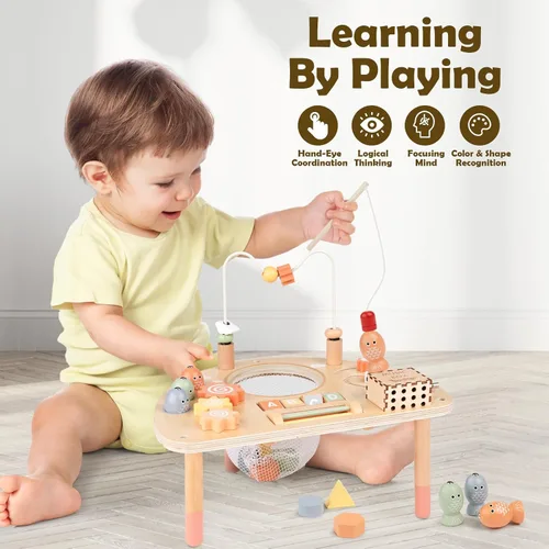 Vista 3 de Mesa de Actividad para Niños de 1 Año, Juguetes Montessori para Niñas y Niños de 1 a 2 Años, Regalos, Mesa de Juego Sensorial de Madera 8 en 1