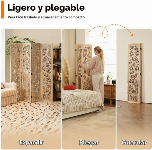 Vista 6 de JOSTYLE Divisor de habitación bohemio con tallado de plumas, pantalla de madera calada de 4 paneles, división plegable decorativa para dormitorio